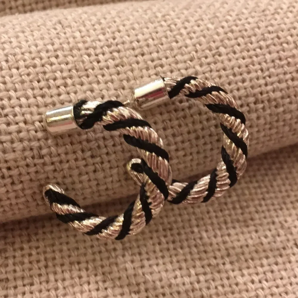 Silvertone Twisted Earrings with Black Cord
